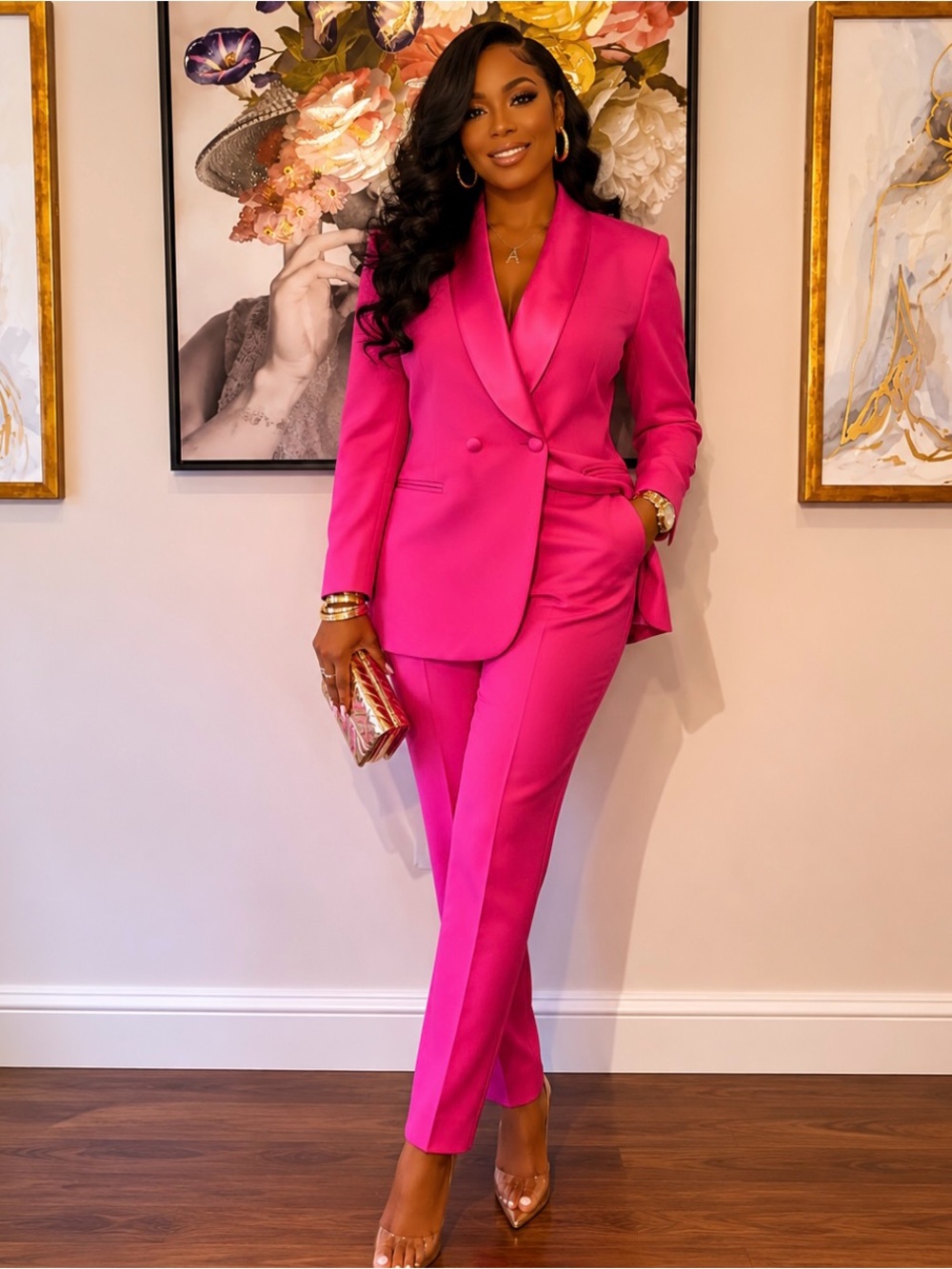 Women's Hot Pink Tailored Blazer & Pants Jumpsuit Set
